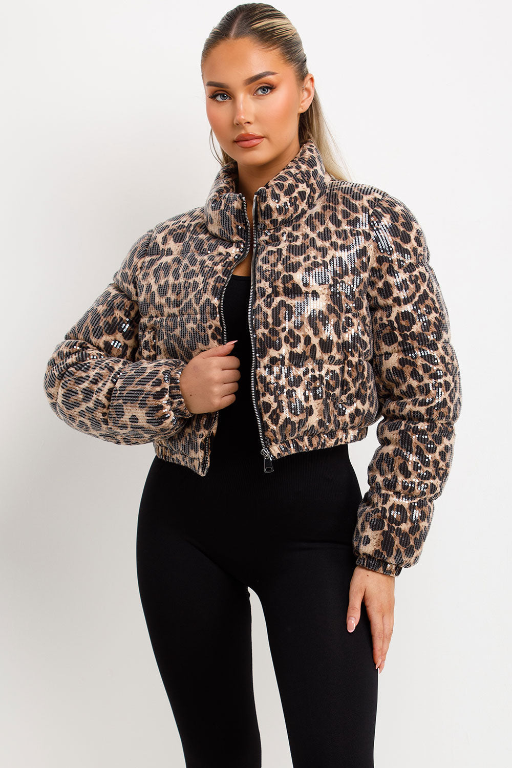 Leopard Print Crop Puffer Jacket Sequin Detail