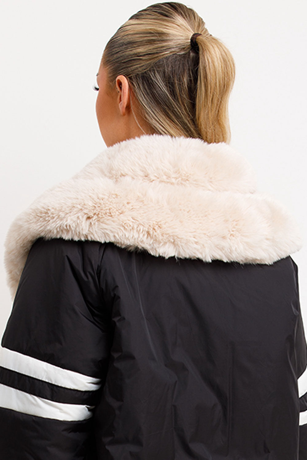 Aviator Bomber Jacket With Faux Fur And Stripe Detail Black