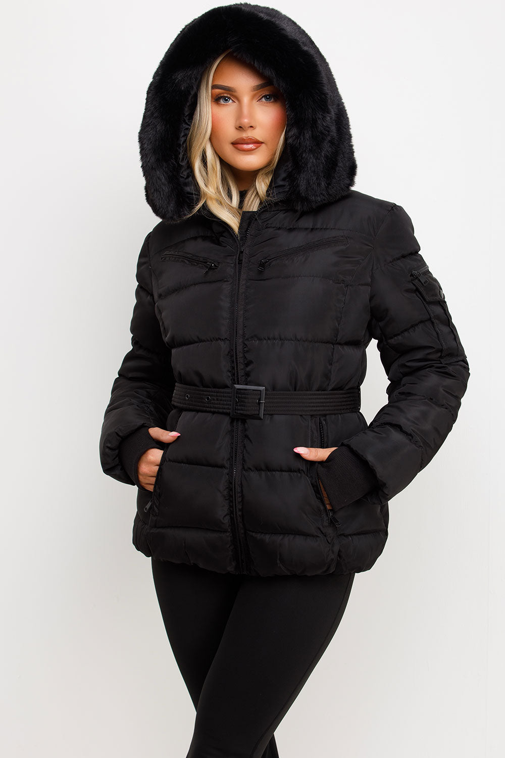 Black Faux Fur Hood Jacket With Belt