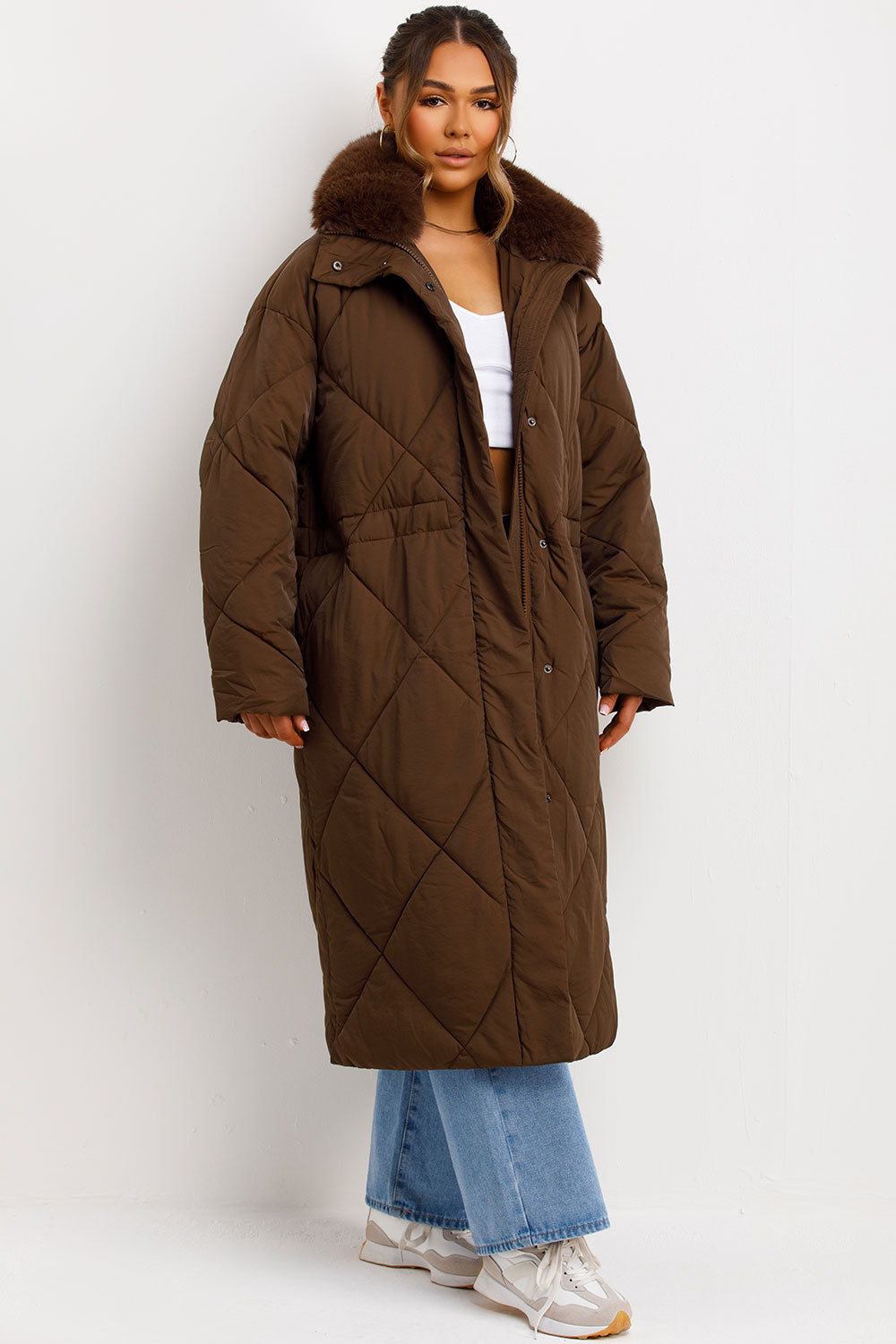 Long Puffer Quilted Coat With Fur Collar Brown