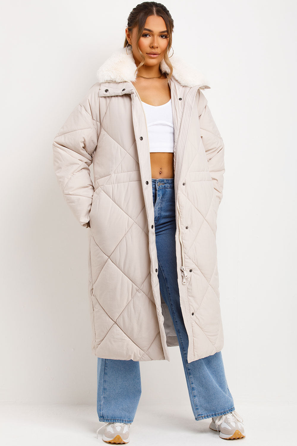 Long Puffer Quilted Coat With Fur Collar Beige