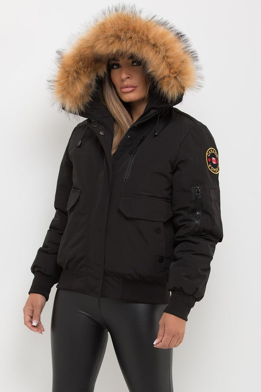 Canada Bomber Jacket With Fur Hood Black