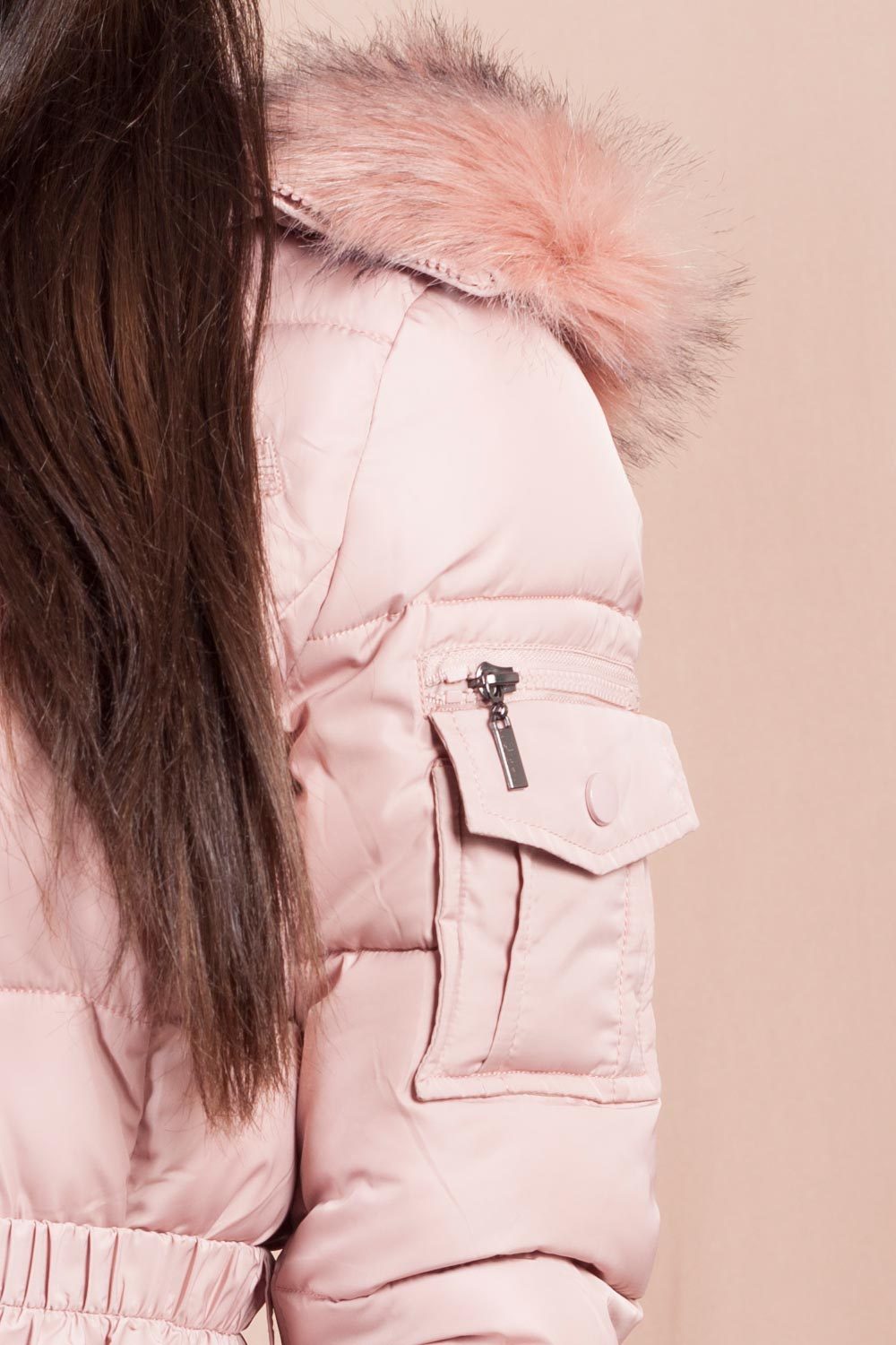 Pink Faux Fur Hooded Puffer Coat With Belt