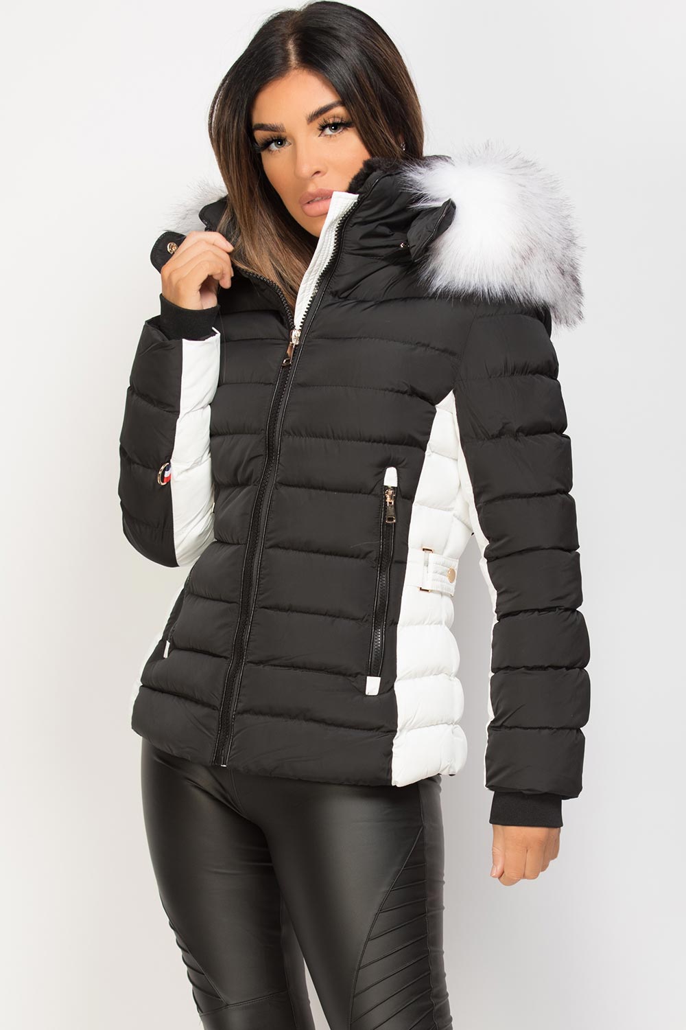 Puffer Jacket With Faux Fur Hood Black And White