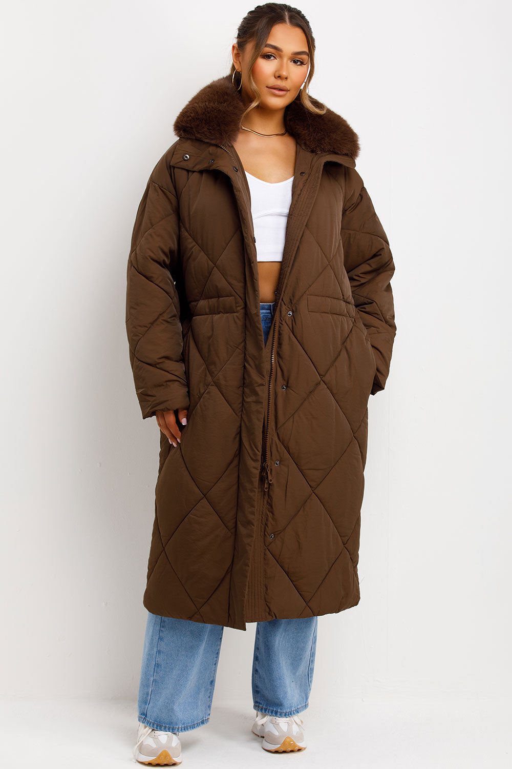 Long Puffer Quilted Coat With Fur Collar Brown