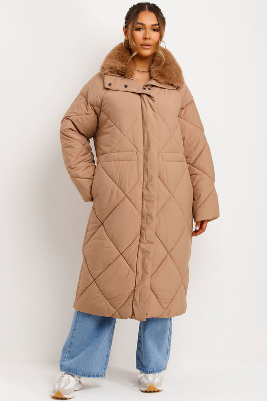 Long Puffer Quilted Coat With Fur Collar Camel