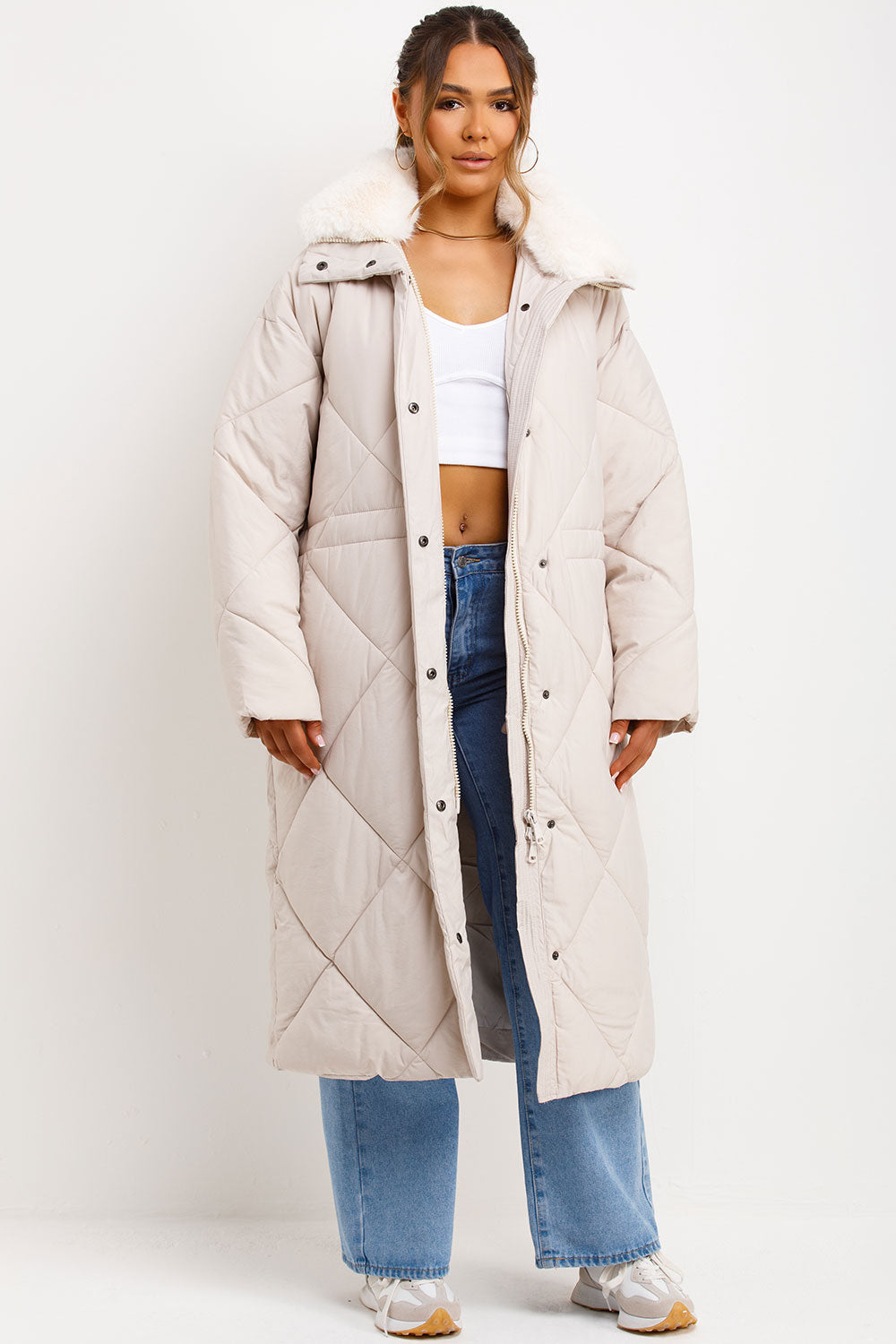 Long Puffer Quilted Coat With Fur Collar Beige