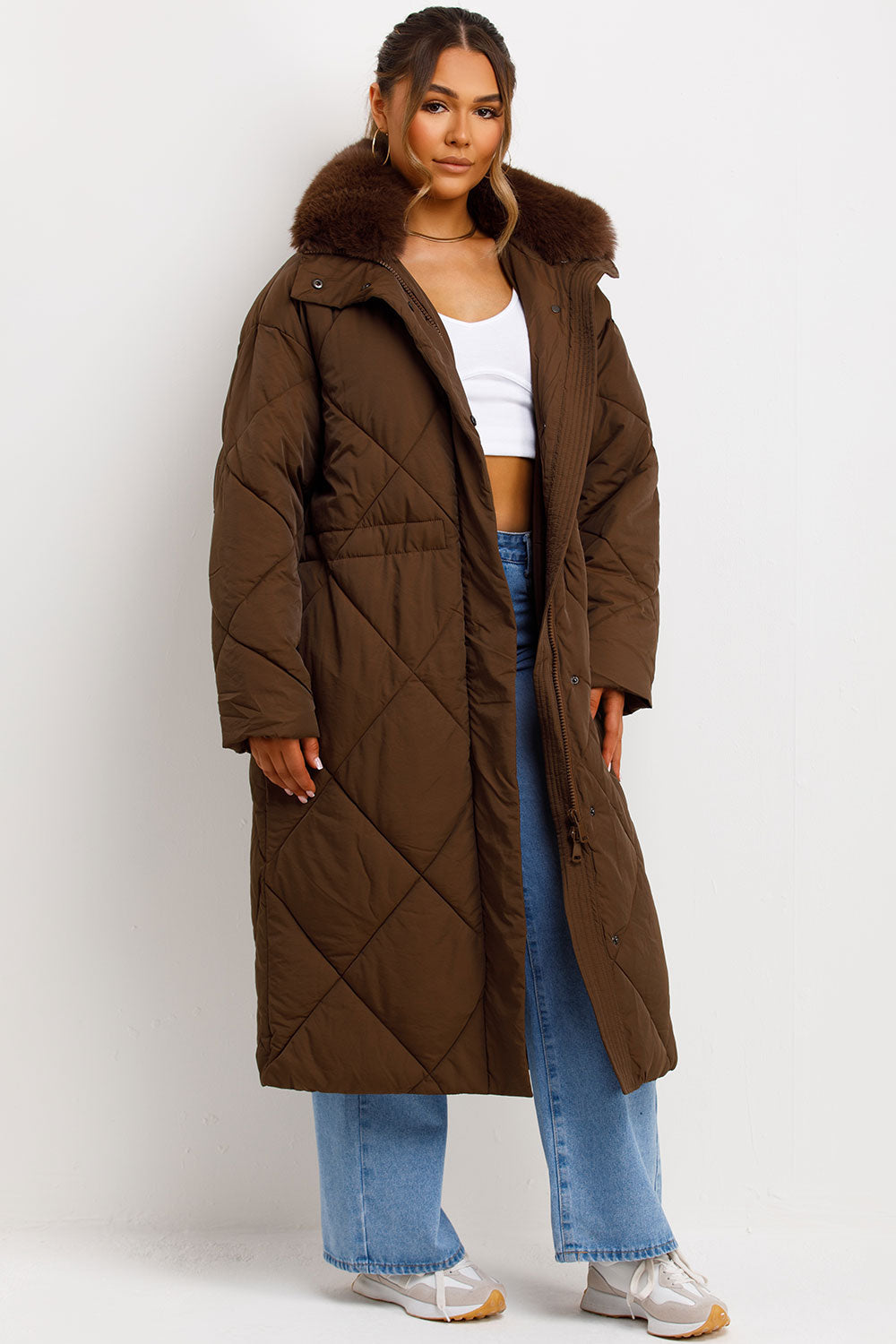 Long Puffer Quilted Coat With Fur Collar Brown