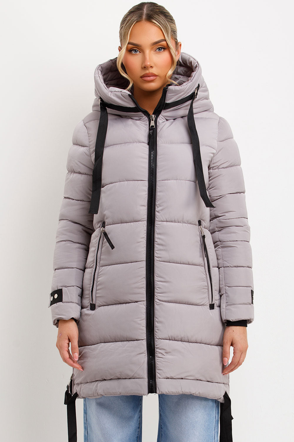 Long Puffer Coat With Hood And Side Straps Grey