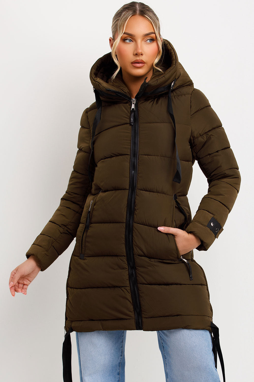 Long Puffer Coat With Hood And Side Straps Khaki