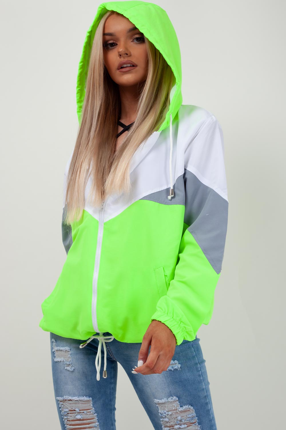 neon green hooded paneled windbreaker