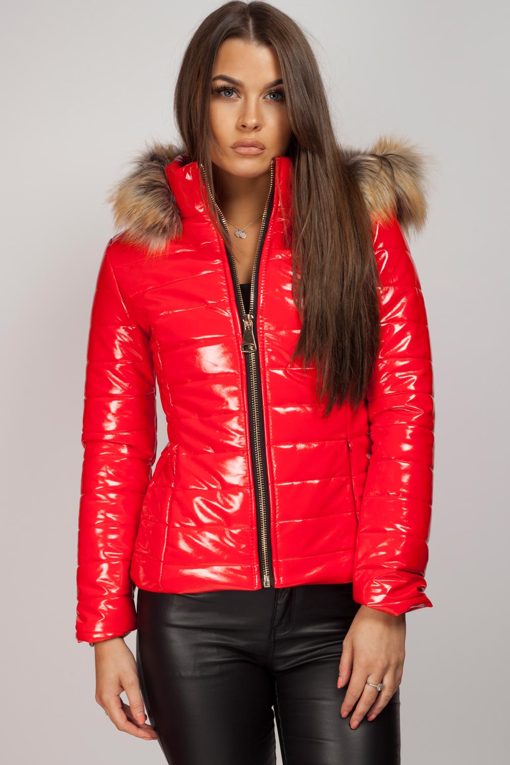 Wet Look Puffer Coat With Faux Fur Hood