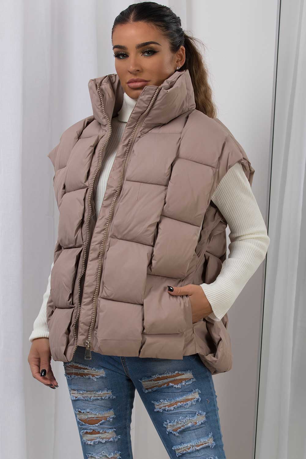 Quilted Padded Gilet With Woven Detail Beige