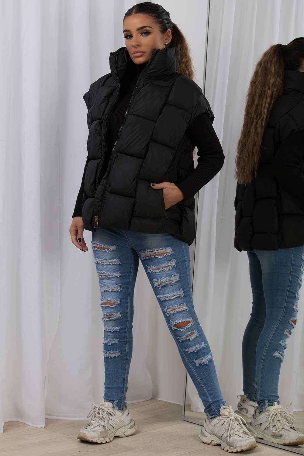 Quilted Padded Gilet With Woven Detail Black