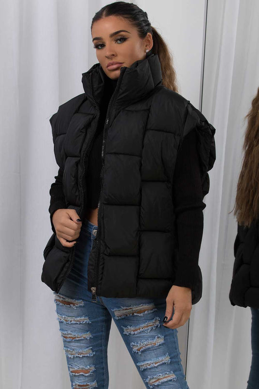 Quilted Padded Gilet With Woven Detail Black