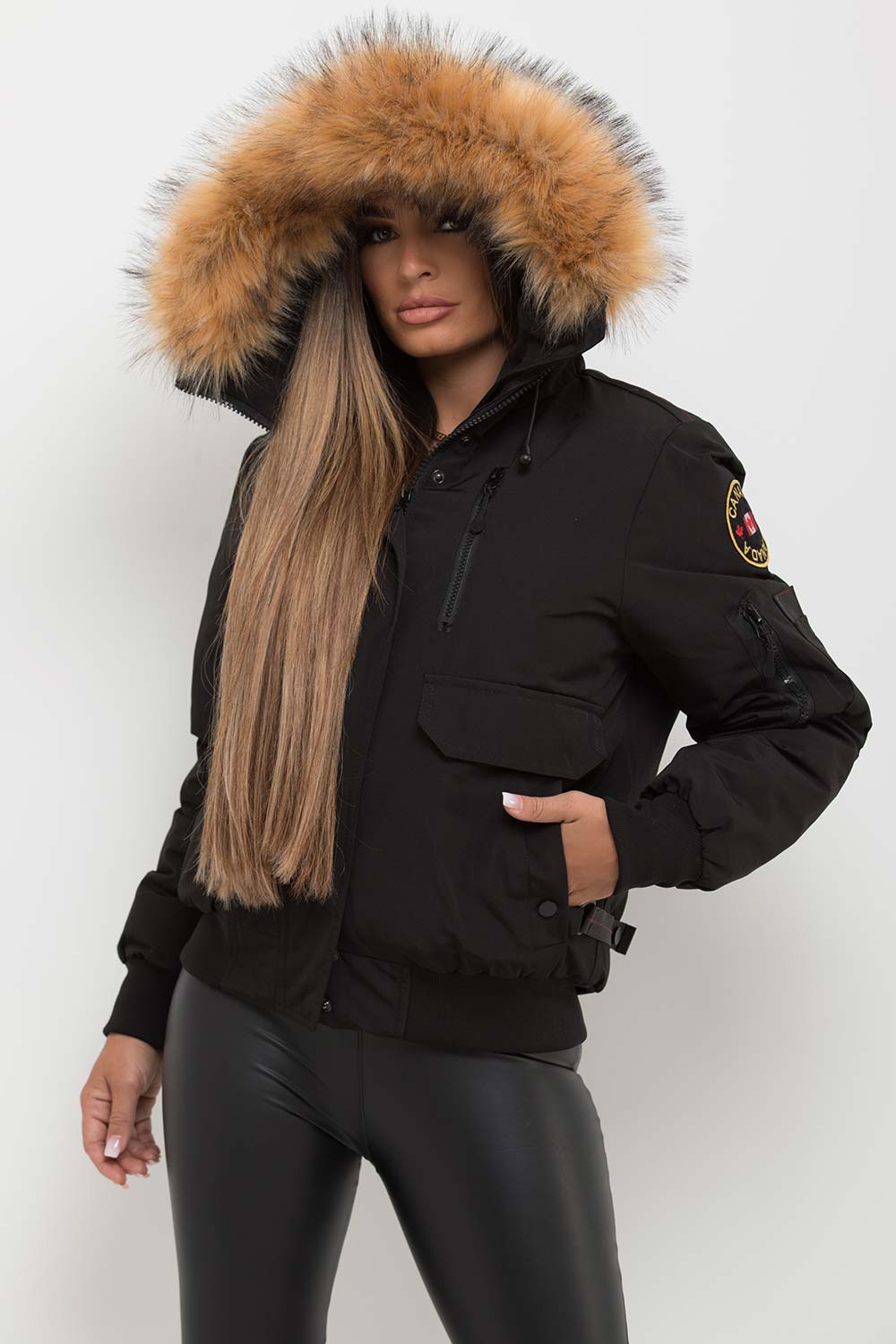 Canada Bomber Jacket With Fur Hood Black