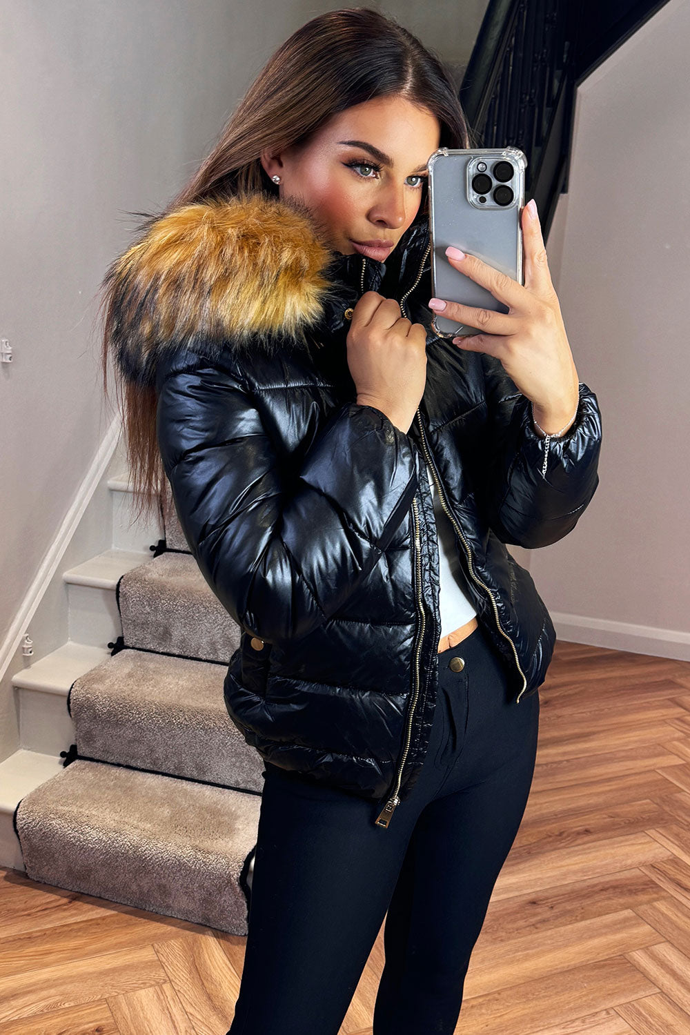 Faux Fur Hood Puffer Jacket Black